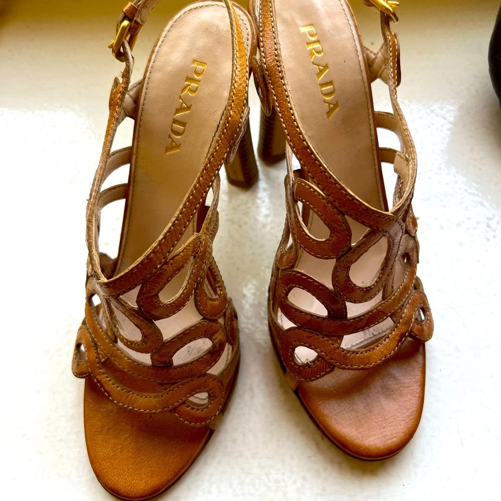Prada cage nude/tan heels. Really good condition. Worn twice. Size 36.5